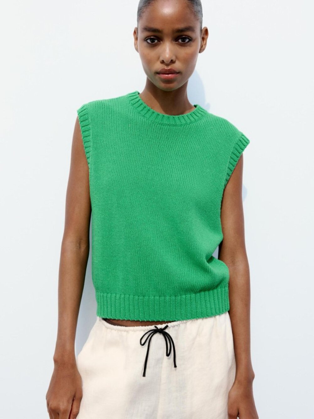 Zara Plain Knit Green Sweater Vest Small Cotton Sleeveless Crew Neck